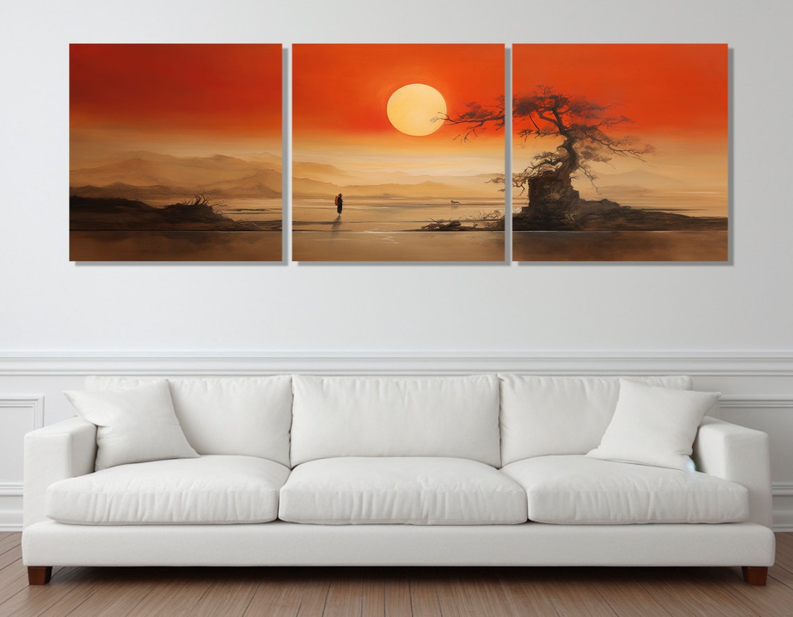 Traditional Chinese Sunrise Lake Lone Tree Misty Mountains Art Poster - Image 3
