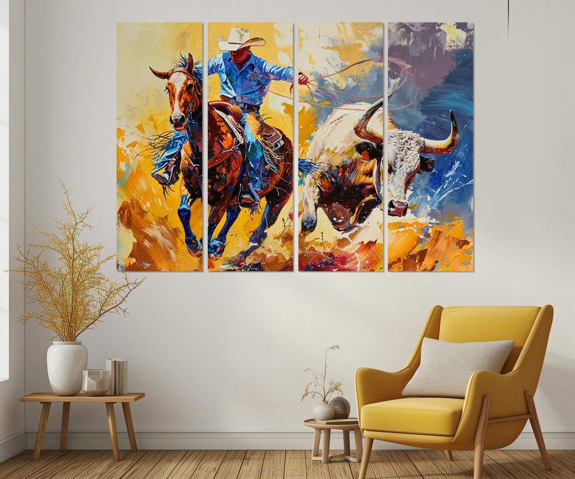 Rodeo Cowboy Roping Longhorn Steer Sunset Golden Dust Wall Poster - Image 3