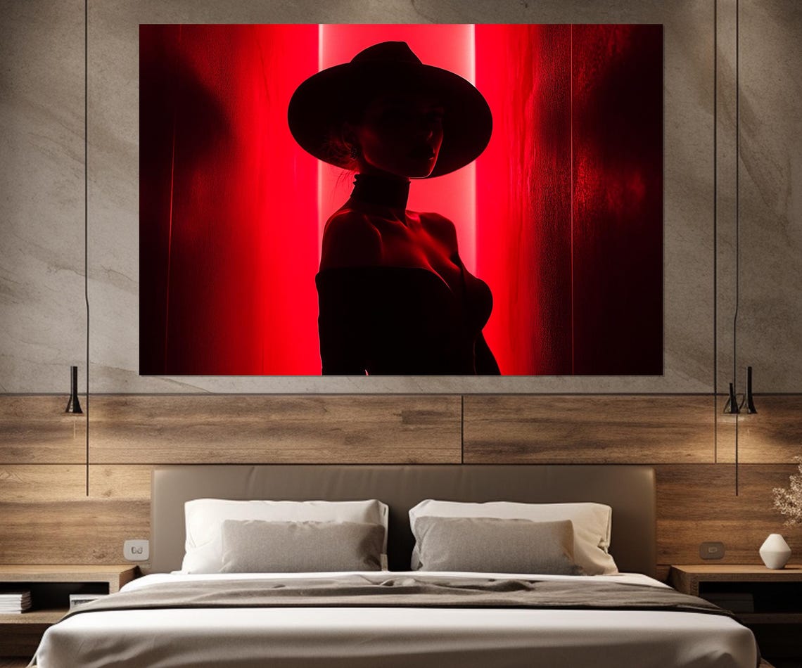 Mysterious Woman Red Neon Light Silhouette Hat Modern Art Poster - Image 2