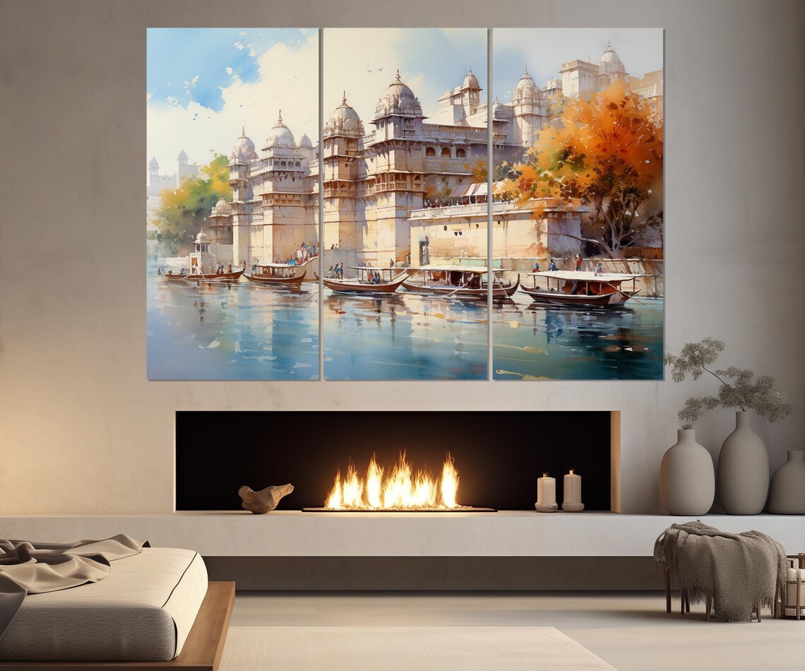 Udaipur City Palace Lake Pichola Boats India Watercolor Travel Poster - Image 3