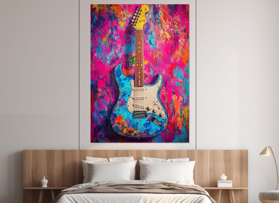 Electric Guitar Splash Paint Vibrant Magenta Pop Music Wall Poster
