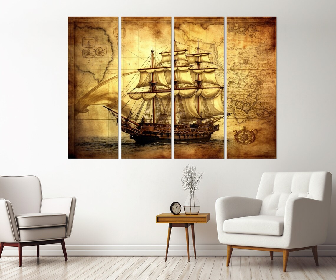 Old Sailboat on Vintage Map, Nautical Wall Art Print - Image 2