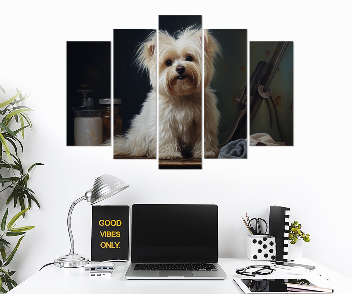 Small White Terrier At Vintage Grooming Station Moody Painting Poster - Image 2