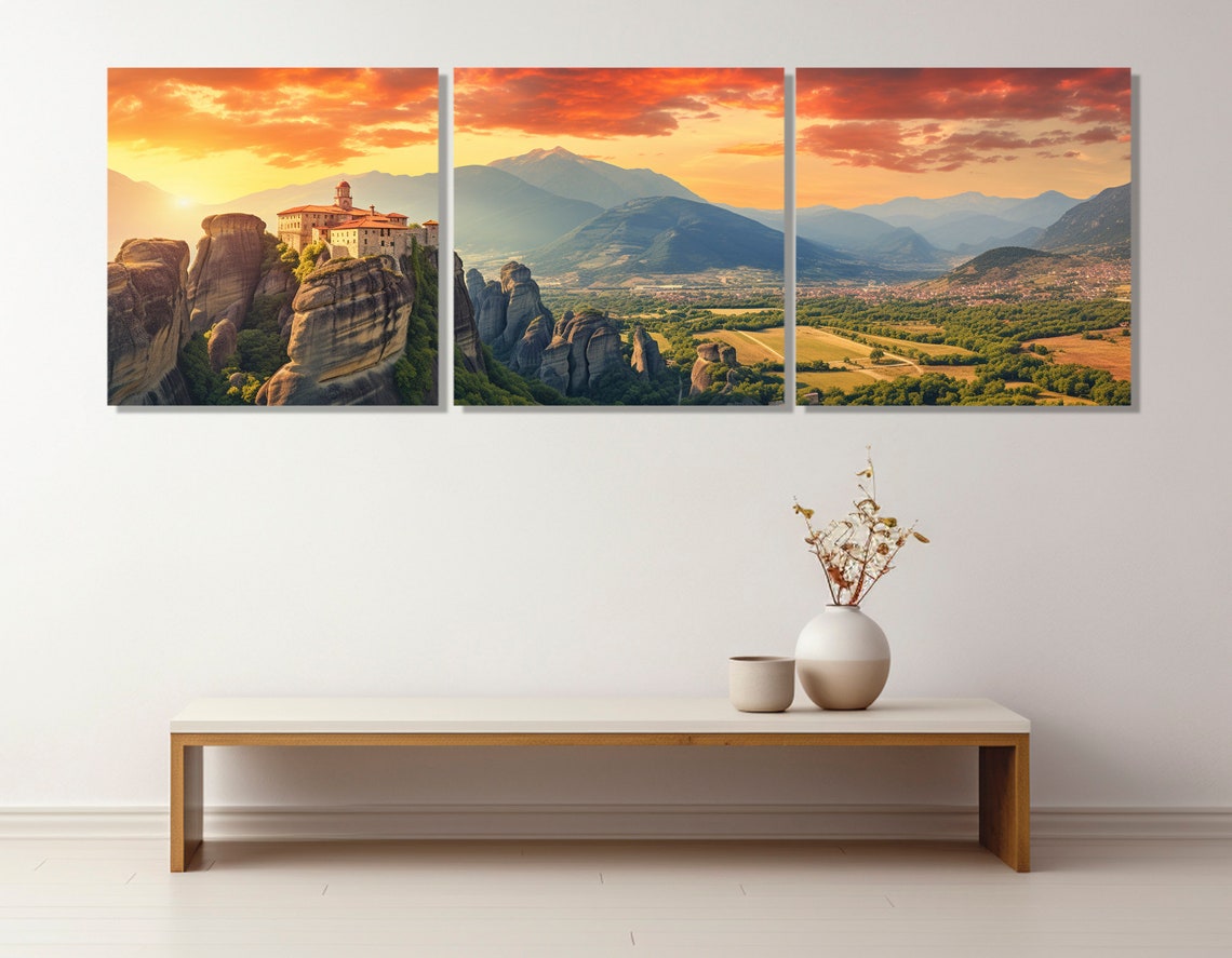 Meteora Monasteries Panoramic Print Meteora Mountain Painting Greece Wall Art Meteora Art Framed And Ready To Hang - Image 4