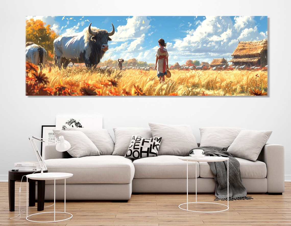 Buffalo and Farm Girl Golden Wheat Field Rustic Countryside Art Poster - Image 2