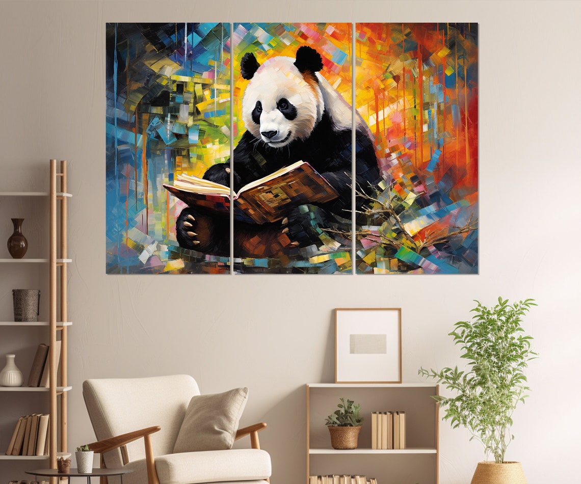 Giant Panda Reading A Book Against A Colorful Background Poster - Image 4