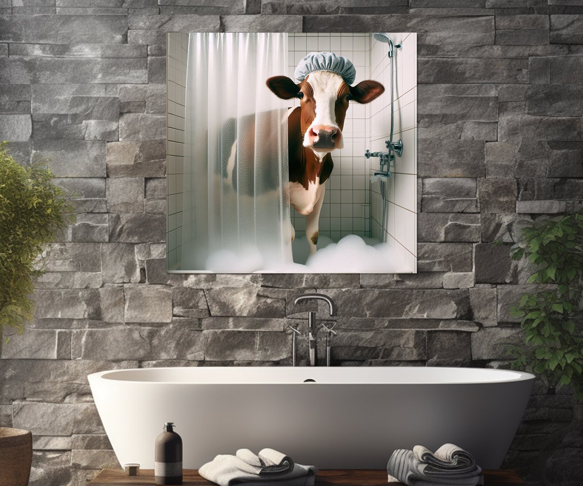 Funny Cow Wearing Shower Cap Standing in Shower Bathroom Animal Poster - Image 4