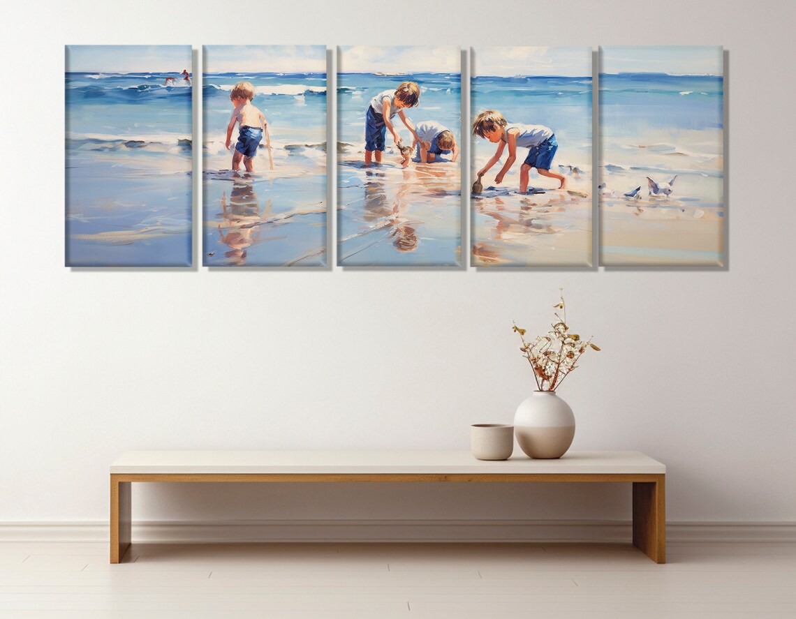 Kids Playing on the Beach Painting Art Print, Beach Scene - Image 2