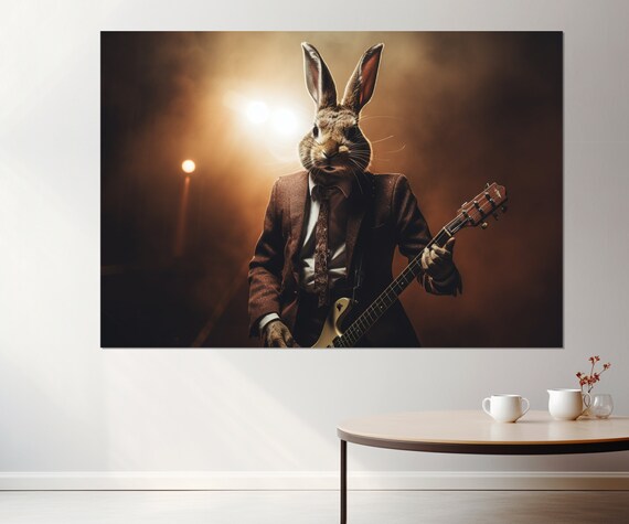 Rabbit Playing Guitar Stage Spotlight Suit Whimsical Musician Art Poster