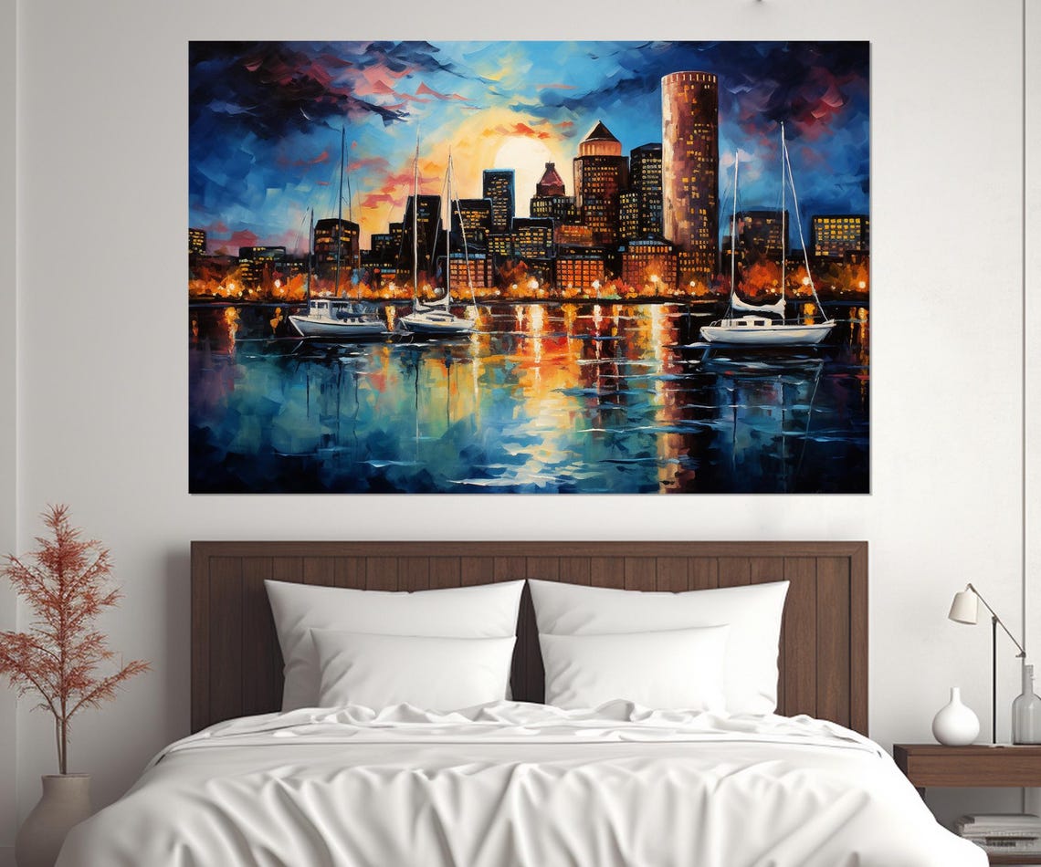 Boston Harbor Sailboats Sunset Skyline Reflection Painted Poster - Image 2