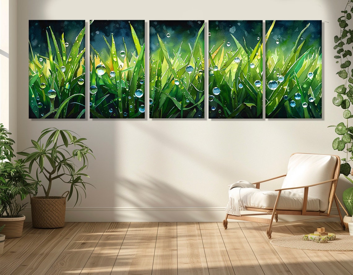 Morning Dew Drops On Green Grass Blades Nature Macro Art Poster - Image 3