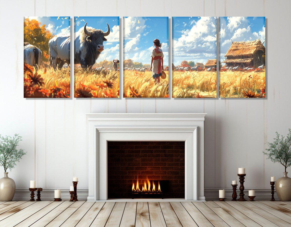 Buffalo and Farm Girl Golden Wheat Field Rustic Countryside Art Poster - Image 4
