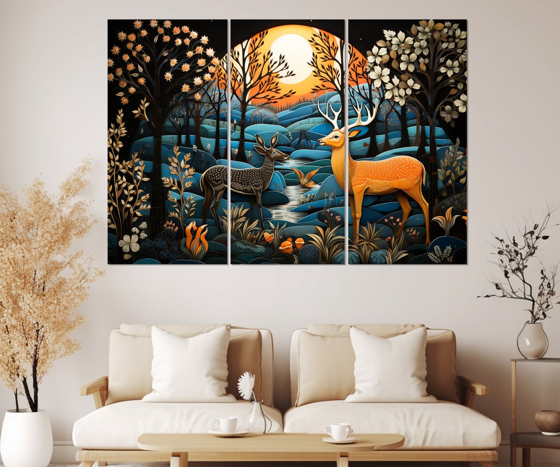 Golden Stag And Doe In Blue Moonlit Forest Fantasy Folk Art Poster - Image 4
