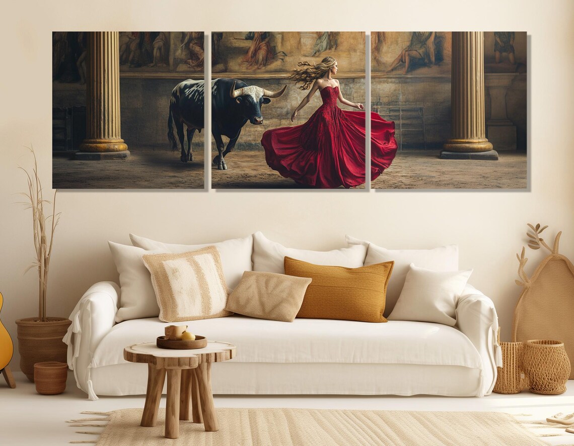 Lady in Red Dress With Bull Spanish Palace Courtyard Dramatic Art Poster - Image 4