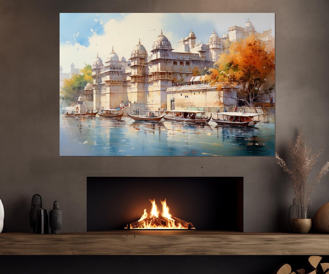 Udaipur City Palace Lake Pichola Boats India Watercolor Travel Poster