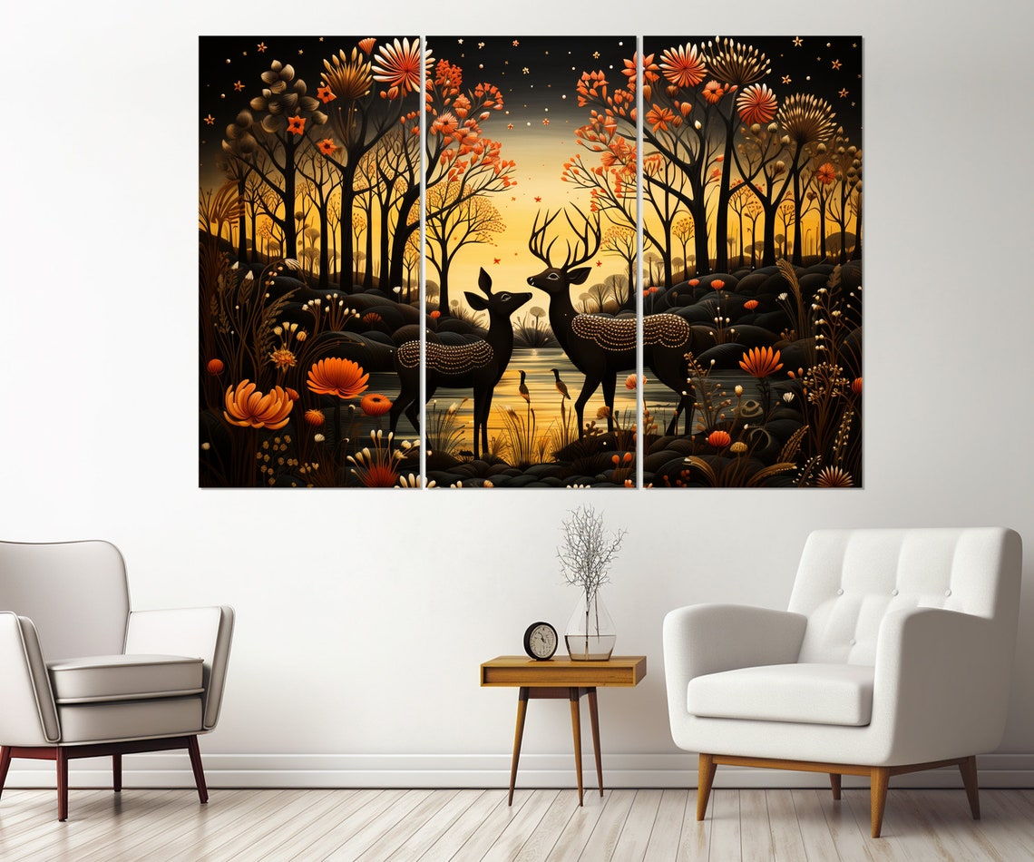 Two Dark Deer In Autumn Sunset Forest Fantasy Wall Decor Poster - Image 3