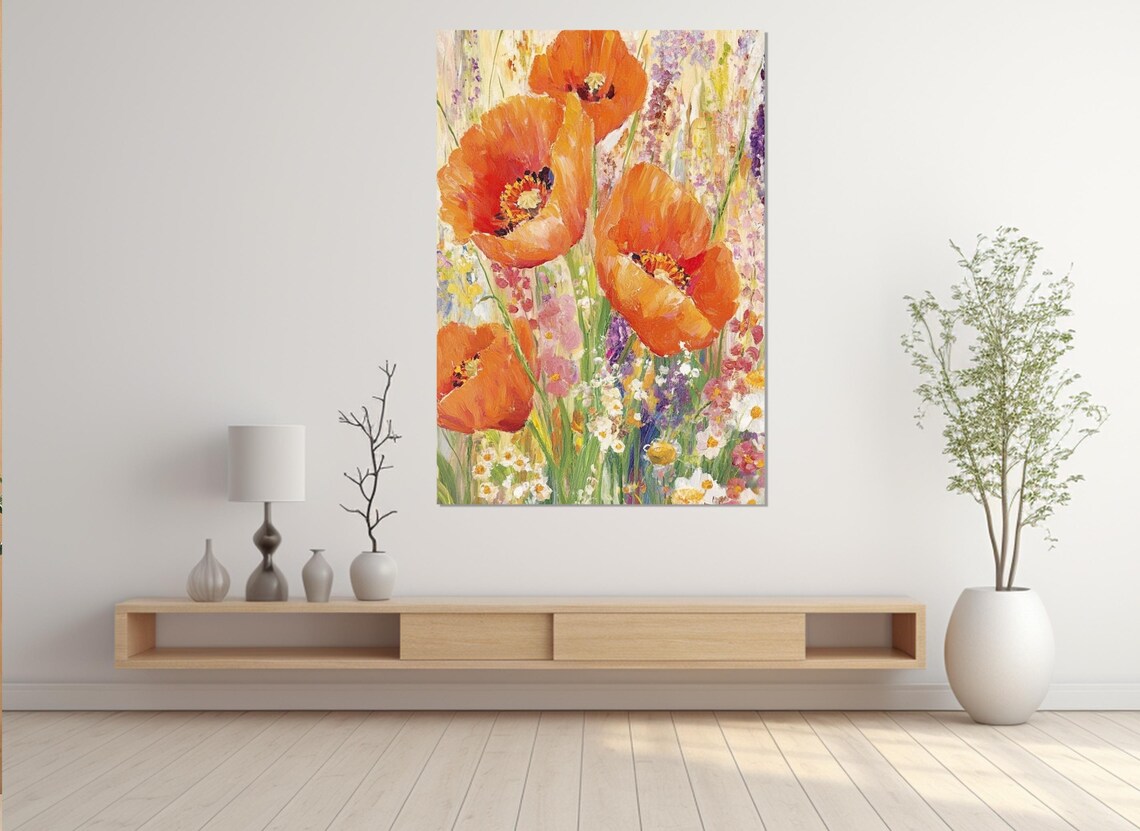 Red Orange Poppies Watercolor Wildflower Meadow Floral Wall Art Poster