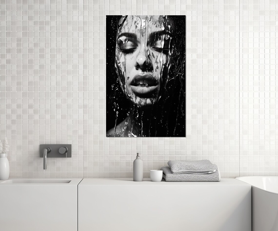 Black And White Woman Portrait With Water Dripping Down Her Face Poster