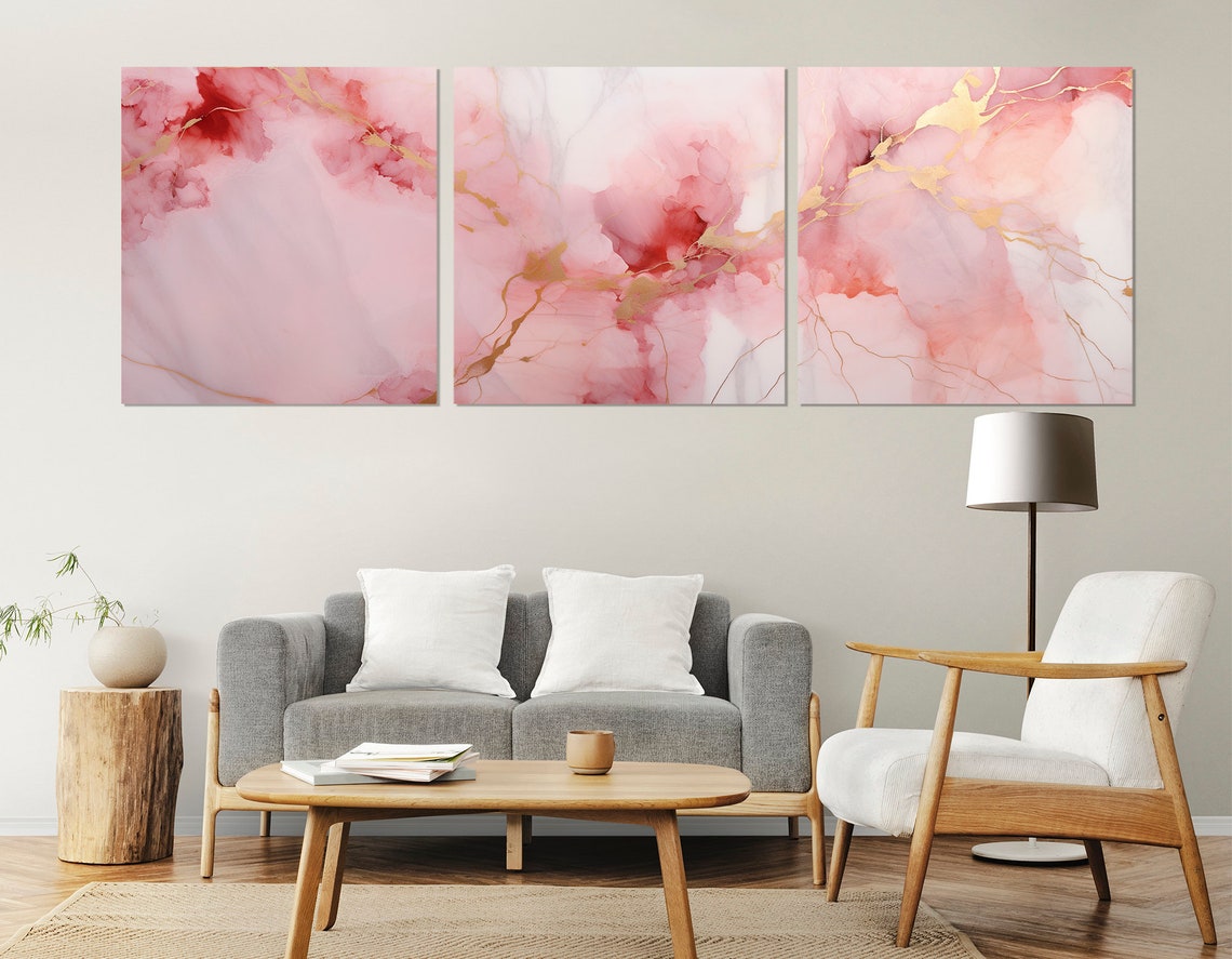 Pink Marble With Gold Veins Abstract Minimalist Modern Wall Poster - Image 2