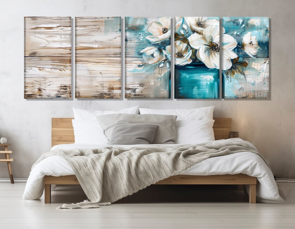 White Abstract Flowers In Blue Glass Jar On Wooden Background Poster - Image 3