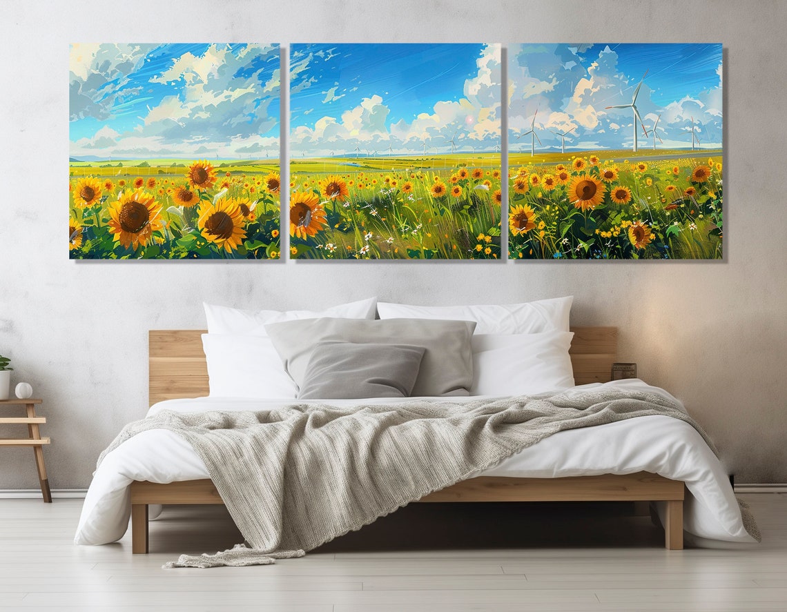 Sunflower Field Wind Turbines Blue Sky Countryside Summer Poster - Image 4