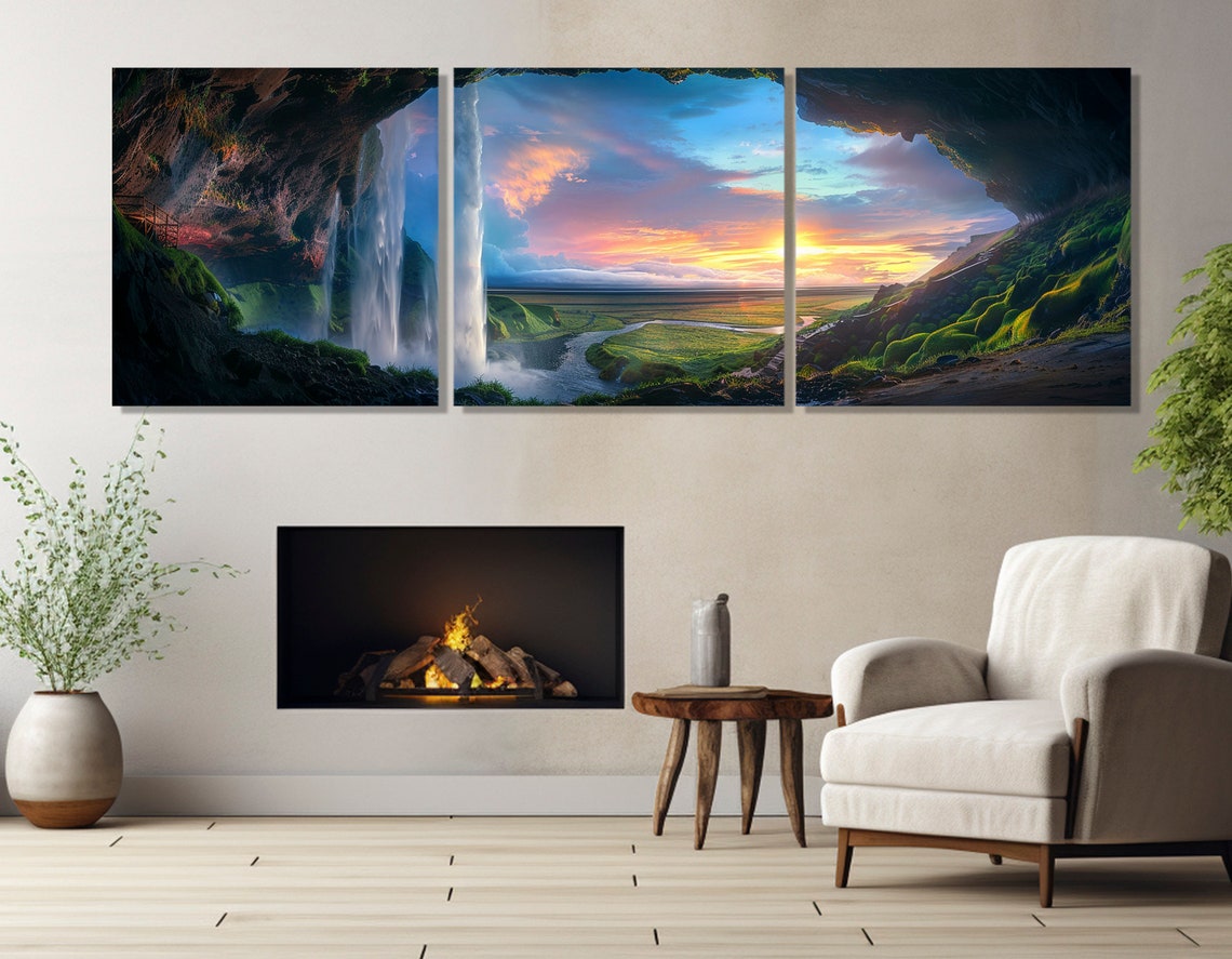 Scenic Waterfall Seljalandsfoss In Island Abstract Print Waterfall Painting Iceland Nature Poster Framed Ready To Hang - Image 4