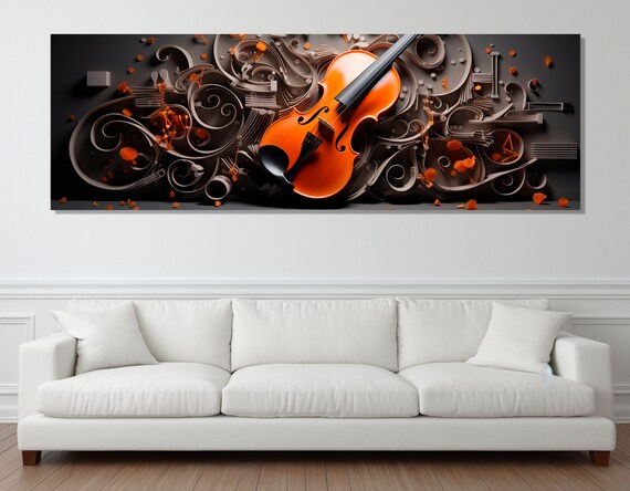 Orange Violin Quilling Paper Art Swirls Dark Background Music Wall Art