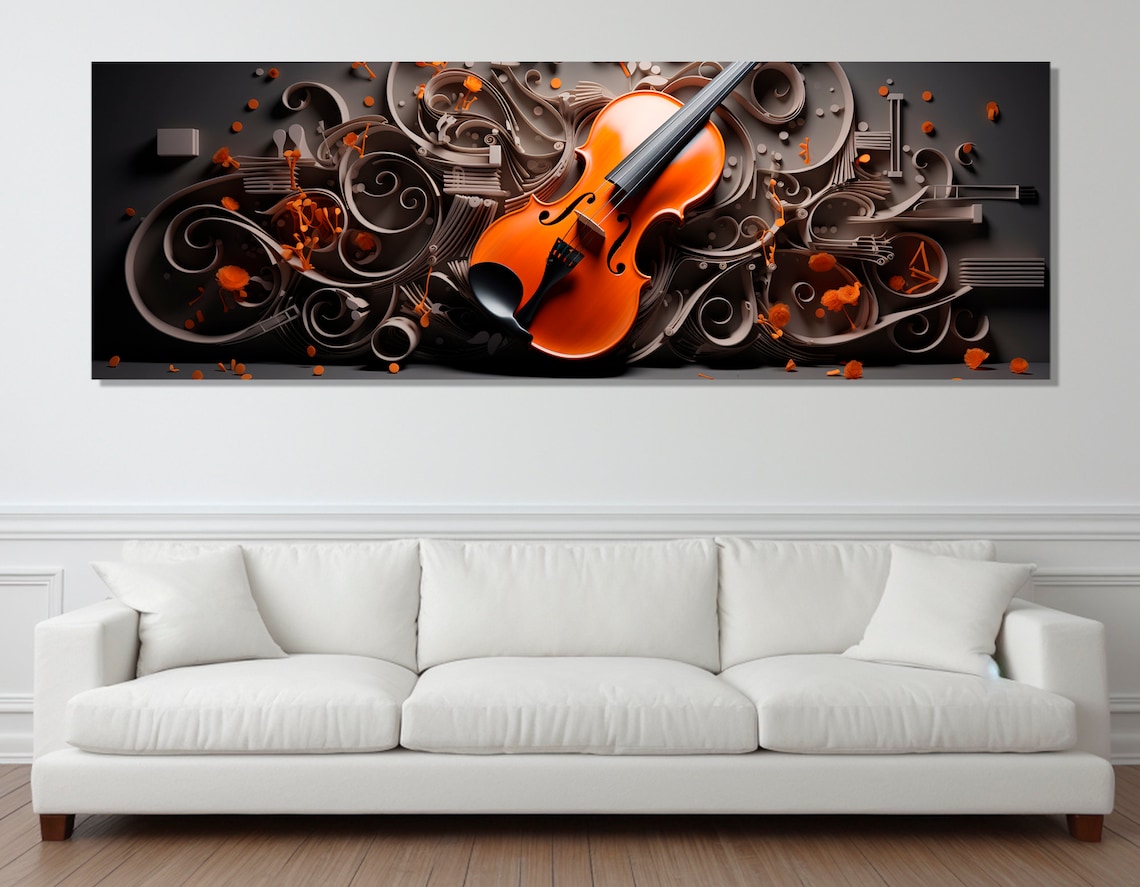 Orange Violin Quilling Paper Art Swirls Dark Background Music Wall Art