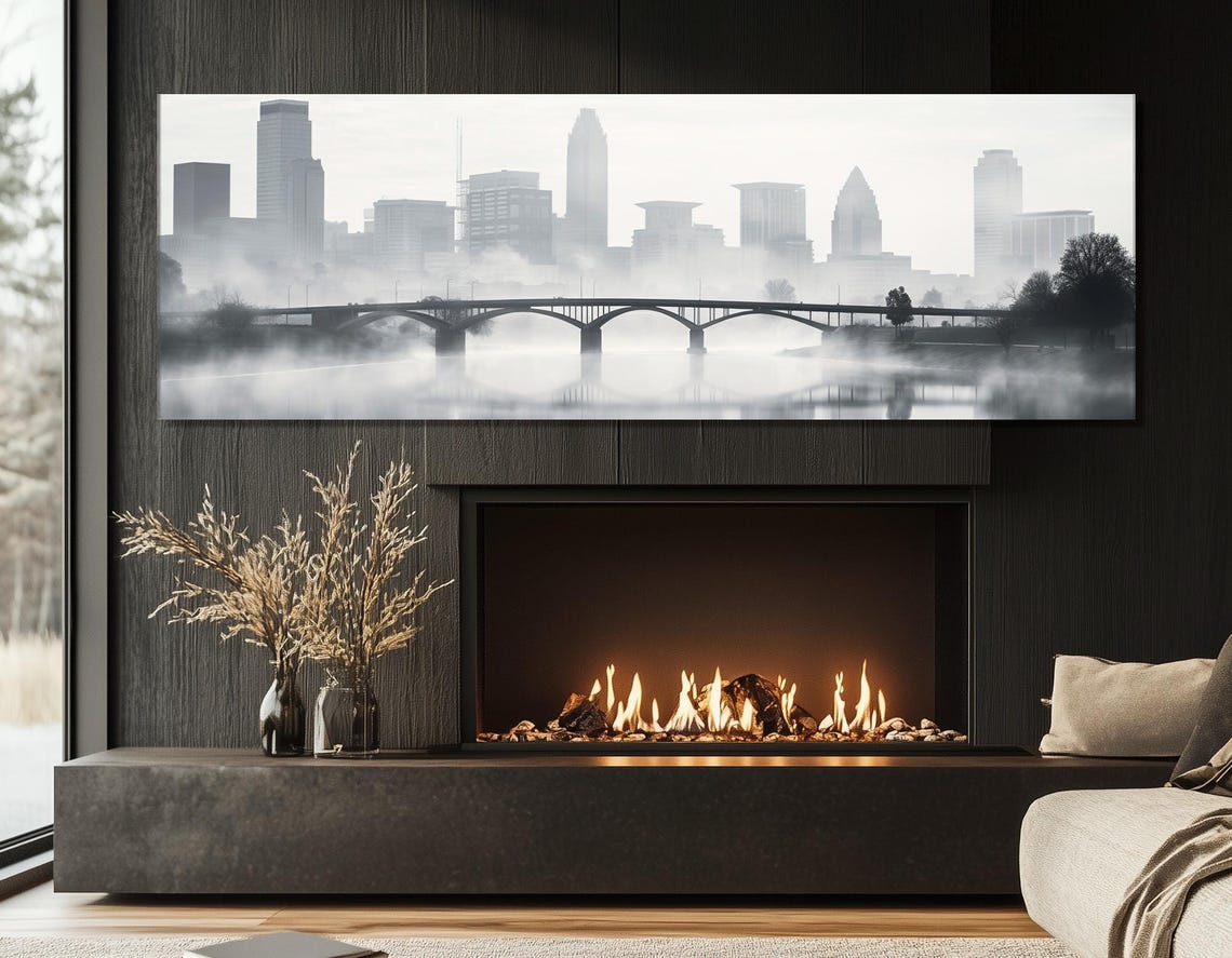 Misty Columbus Ohio Black And White Foggy Bridge Skyline Poster