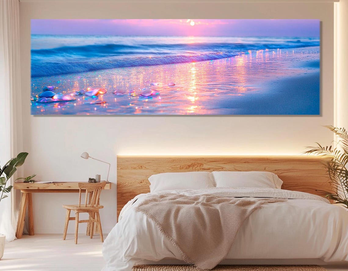 Pink Sunset Beach Waves Sea Glass Stones Pastel Panorama Poster