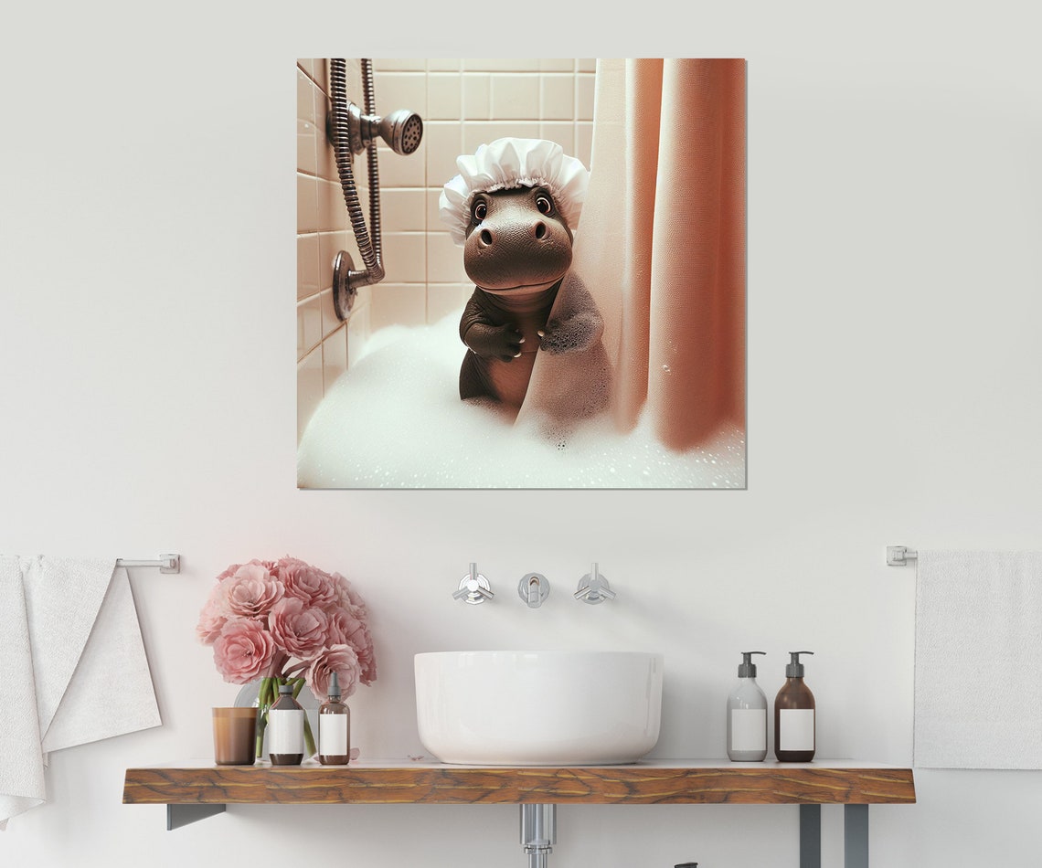 Cute Baby Hippo Bubble Bath Shower Cap Funny Bathroom Animal Poster - Image 3