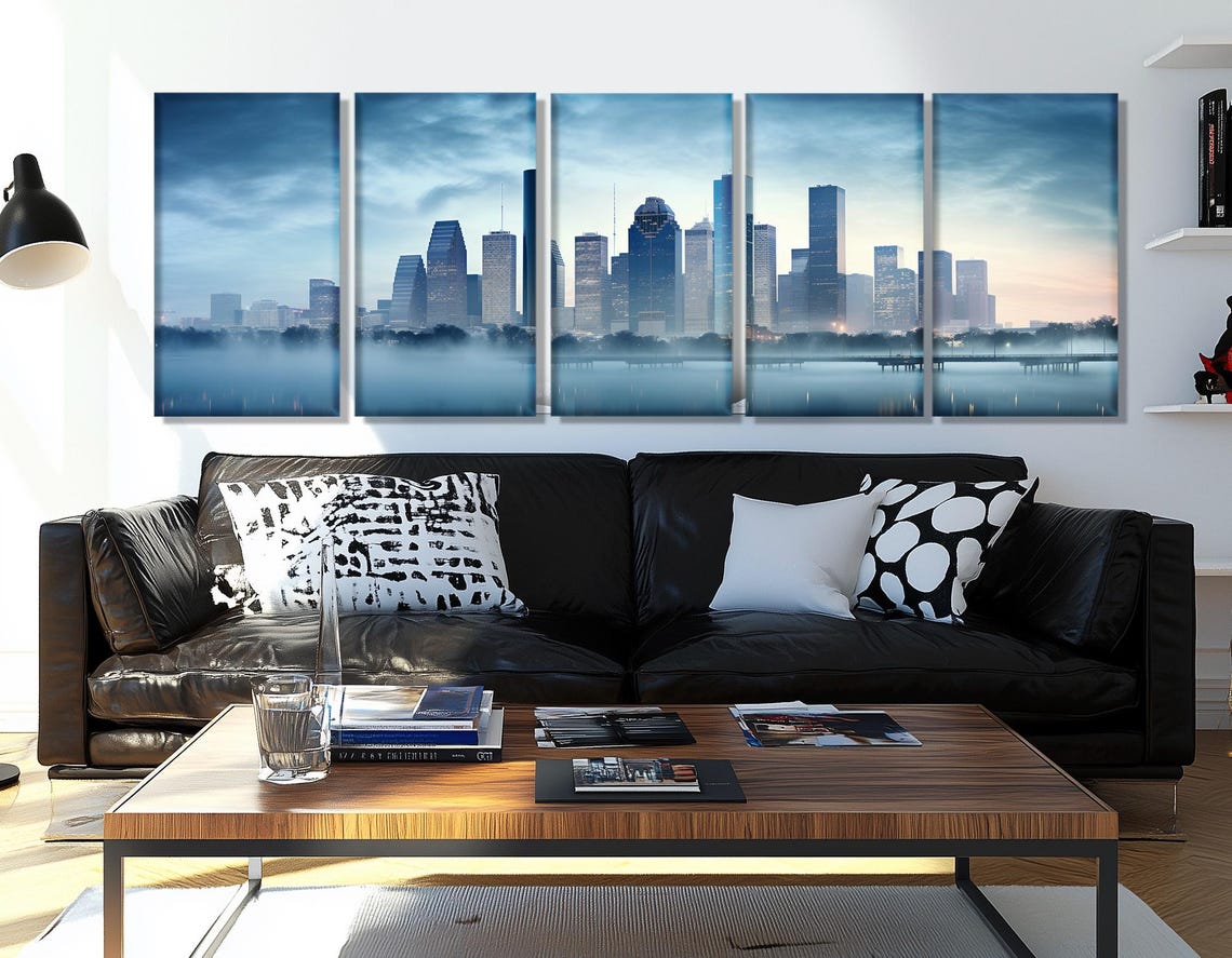 Misty Houston Skyline At Dawn With Calm Water Reflection Poster - Image 3