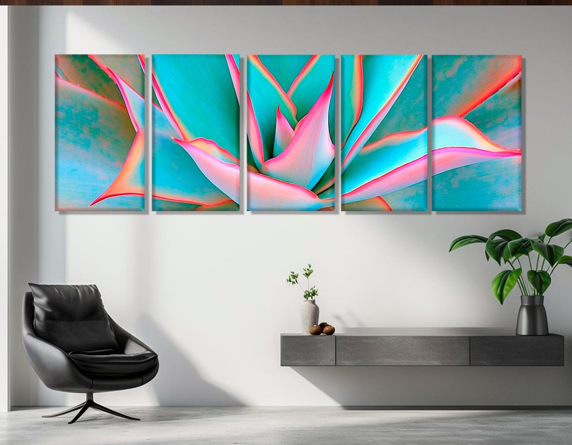 Aloe Striata Macro Neon Pink Turquoise Leaves Botanical Wall Art Print - Image 3