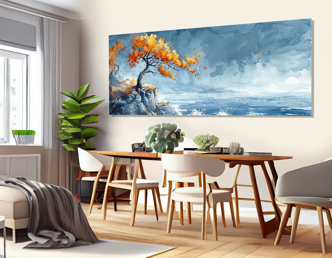 Lonely Orange Autumn Tree On Windy Ocean Cliff Watercolor Poster - Image 3