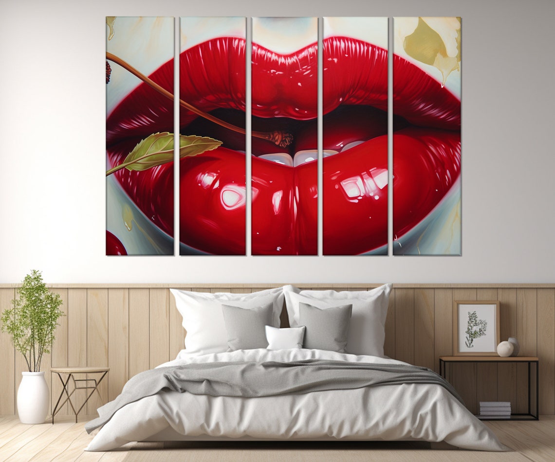 Glossy Red Lips With Cherry Stem Pop Art Beauty Fashion Wall Poster - Image 3