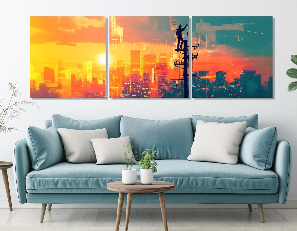 Electrician Silhouette Power Pole Sunset City Skyline Worker Poster - Image 2