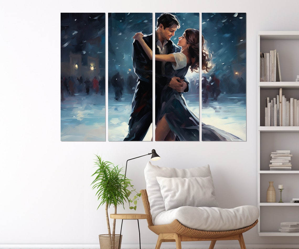 Ice Skating Couple Dancing Snowy Night Romantic Winter Art Poster - Image 2
