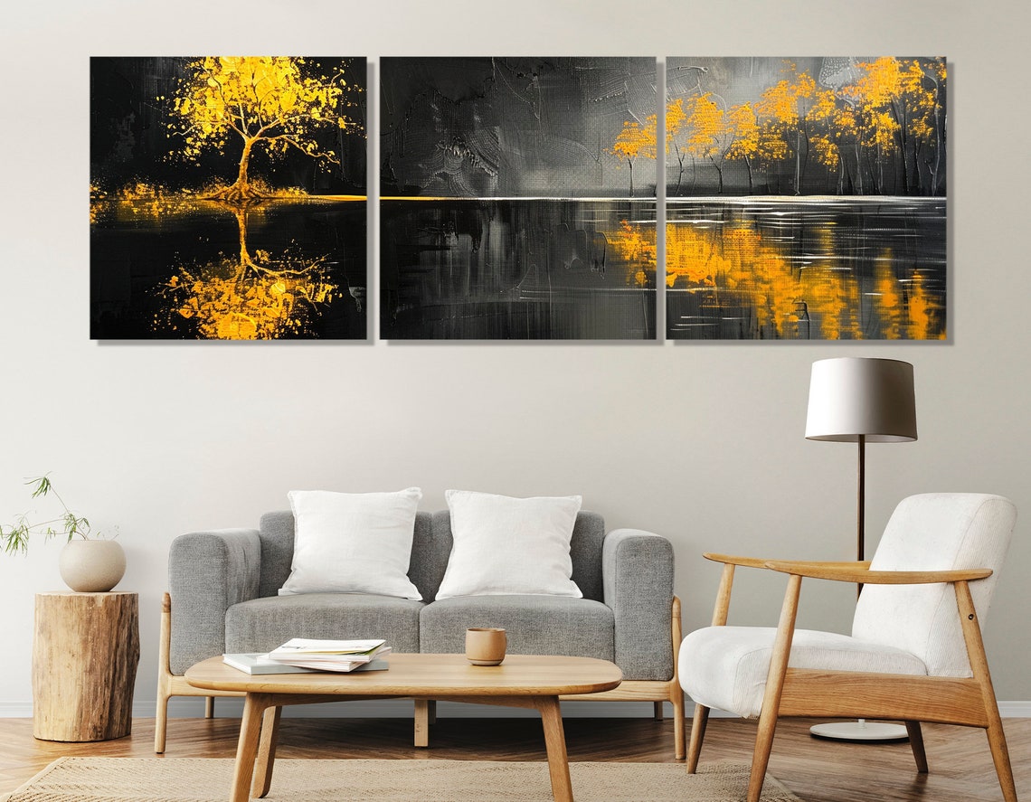 Golden Trees Black Background Abstract Gold Leaf Modern Wall Art - Image 4