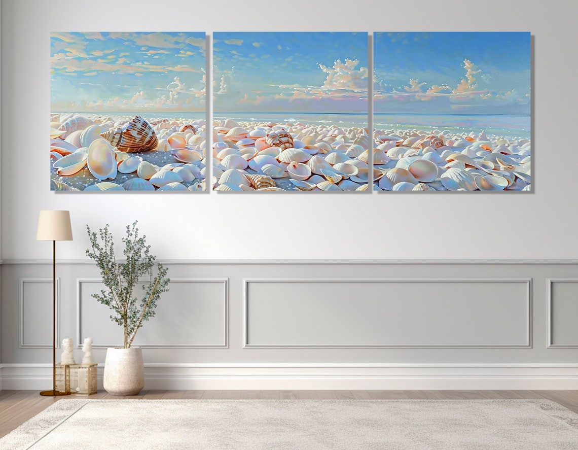 White Seashell Beach Shoreline Blue Sky Pastel Coastal Poster - Image 2