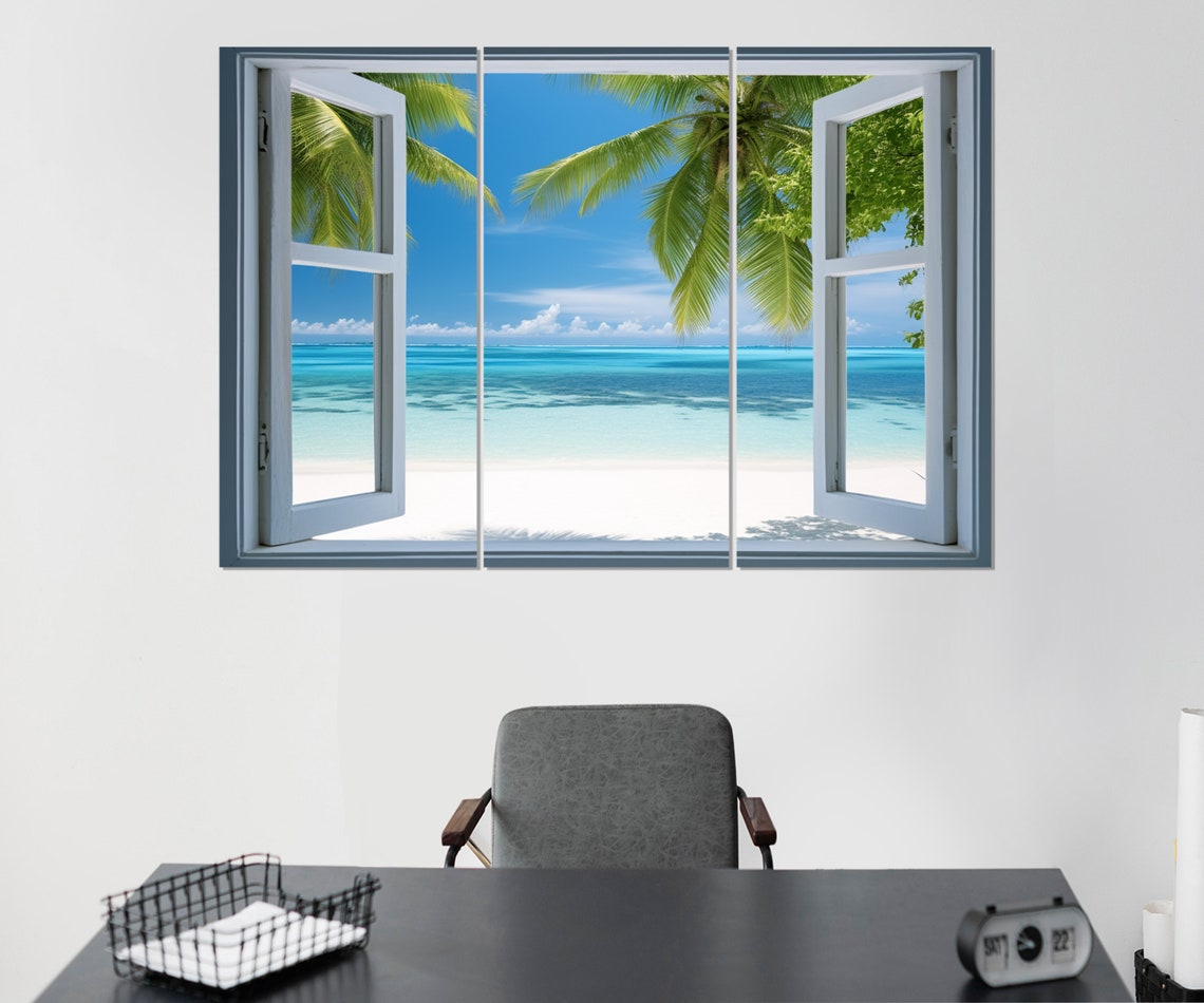 Tropical Beach Open Window Palm Trees Turquoise Sea White Sand Poster - Image 2