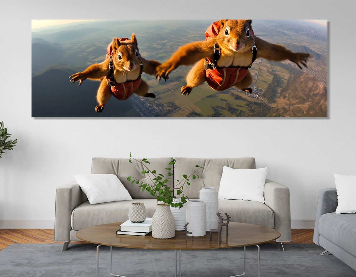 Wingsuit Skydiving Squirrels Flying Over Green Fields Funny Animal Poster - Image 2