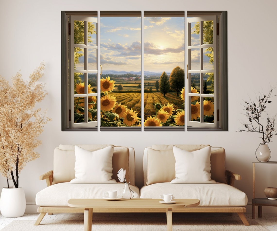 Open Window Sunflower Field Sunset Countryside View Faux Window Poster - Image 2
