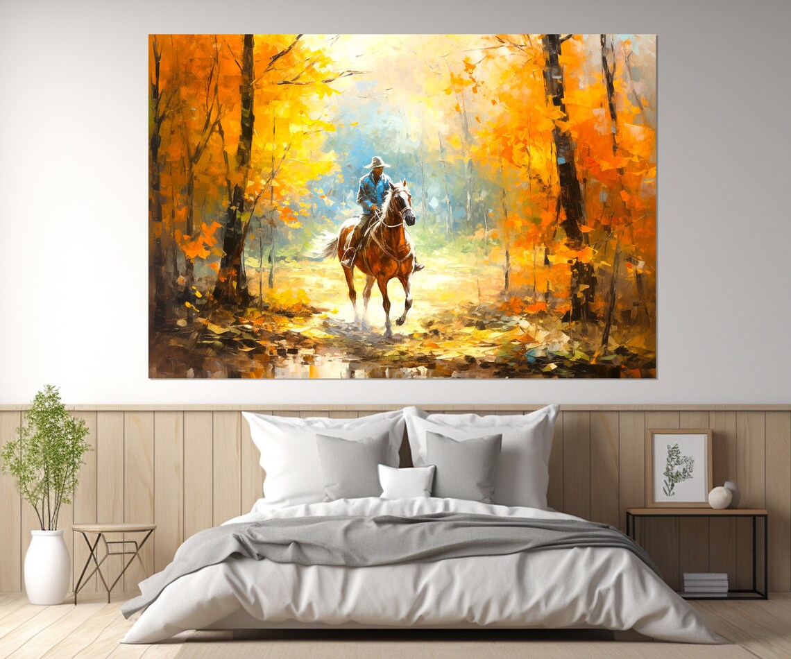 Horseman In Golden Autumn Forest Horse Rider Painting Wall Art Print - Image 2