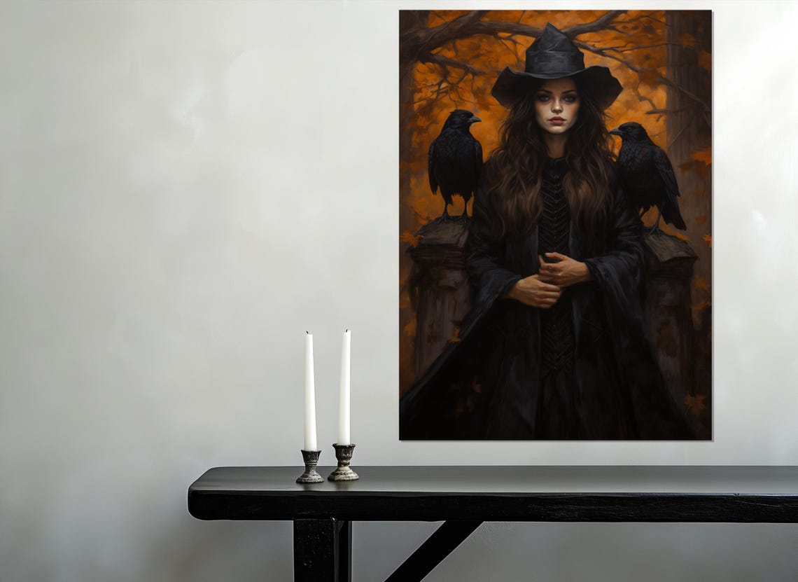 Autumn Witch Black Hat Two Ravens Orange Forest Gothic Fantasy Poster - Image 2