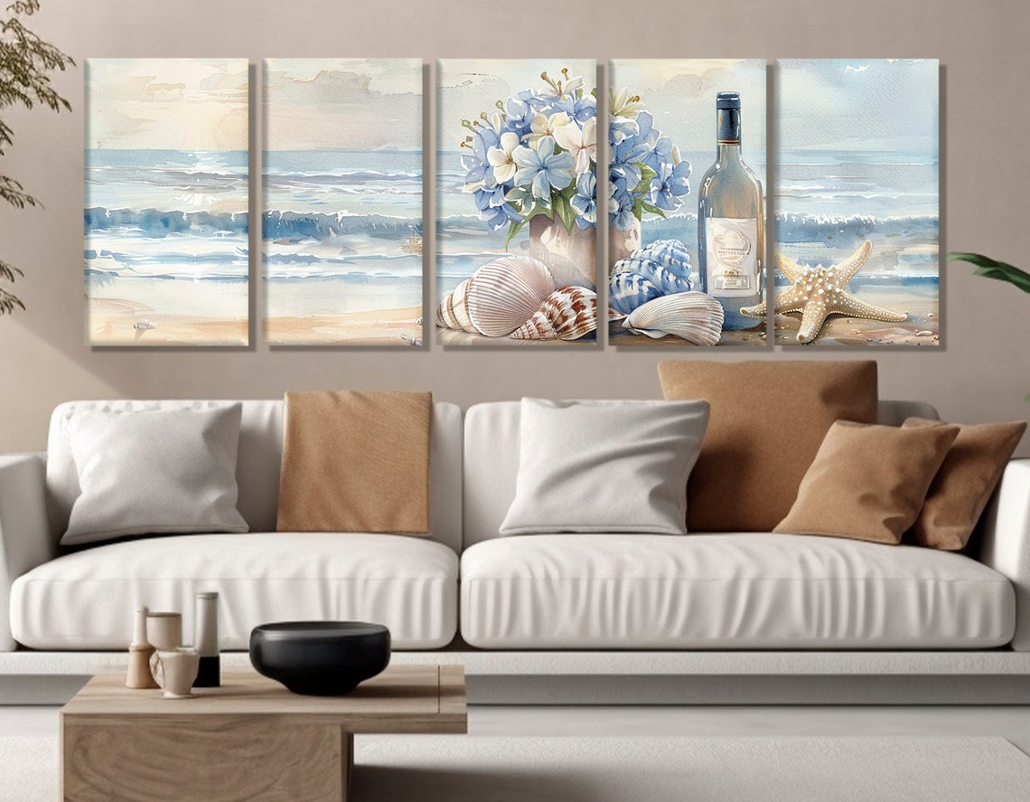 Beach Still Life Seashells Starfish Hydrangeas Wine Coastal Poster - Image 3