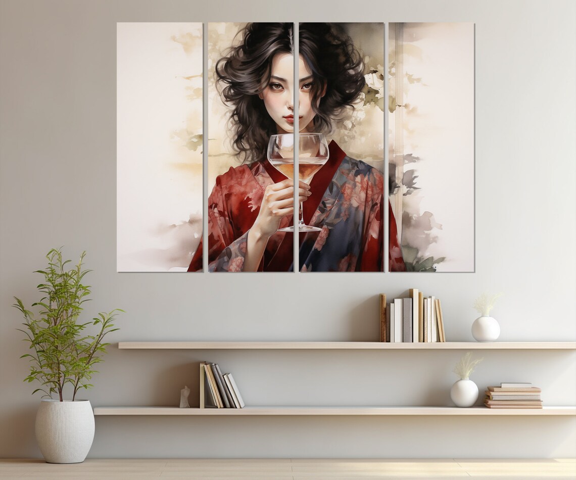 Asian Woman In Kimono With A Glass Of Wine Painting Asian Print Japanese Wall Art Framed And Ready To Hang - Image 2