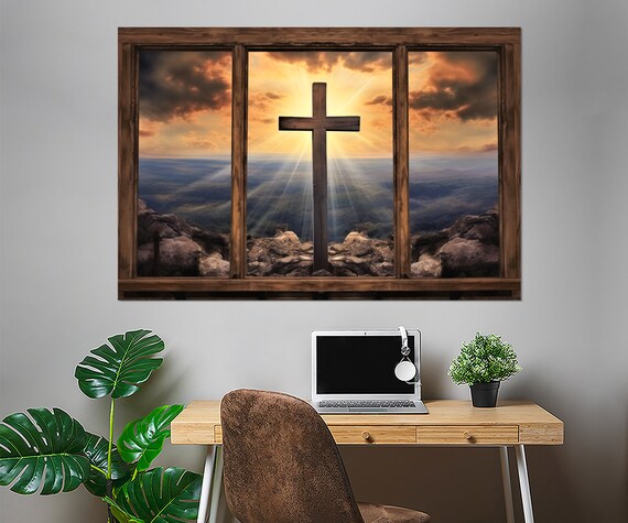 Rustic Window Cross Mountain Sunrise Golden Light Christian Wall Art Print
