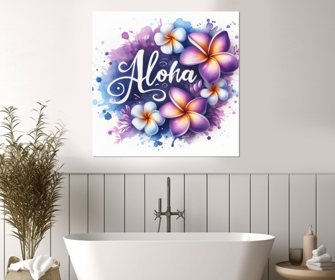 Aloha Script Watercolor Plumeria Flowers Purple Blue Hawaii Wall Art - Image 4