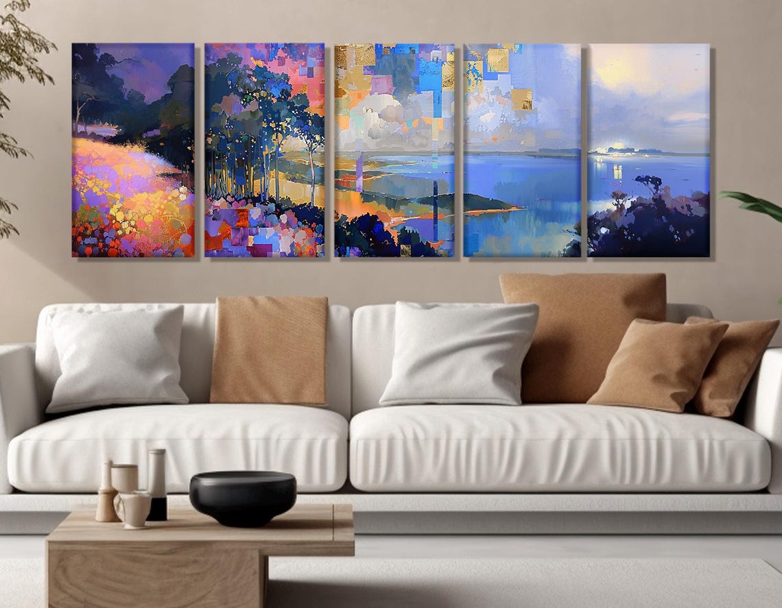Lilac Lake Cubist Landscape Dusk Gold Blocks Abstract Nature Art Print - Image 3