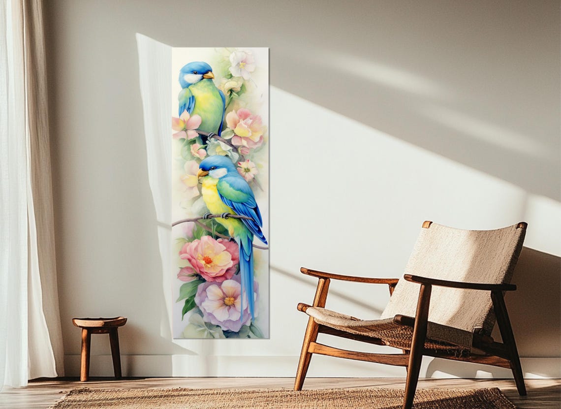 Blue Yellow Songbirds Blossom Branch Soft Watercolor Nature Poster - Image 2